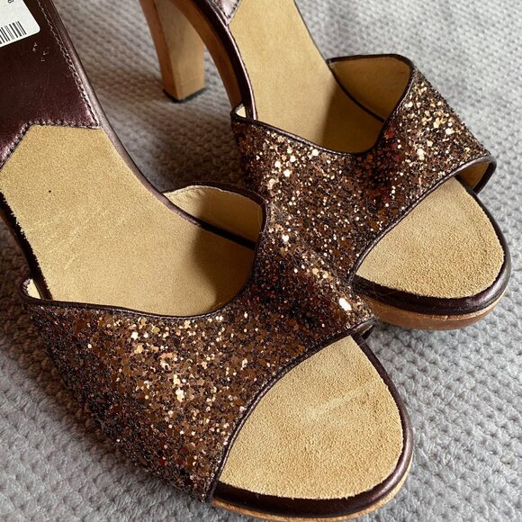 NWT Vintage MICHAEL Michael Kors Bronze Sparkle Wood Slides - Picture 1 of 5